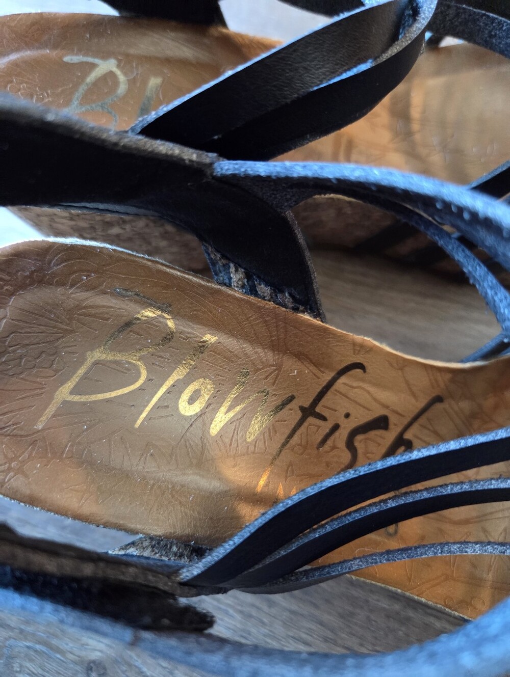 Blowfish The Perfect Wedge Cork & Black Leather Strappy Heels Womens Size 8.5 - Picture 6 of 9